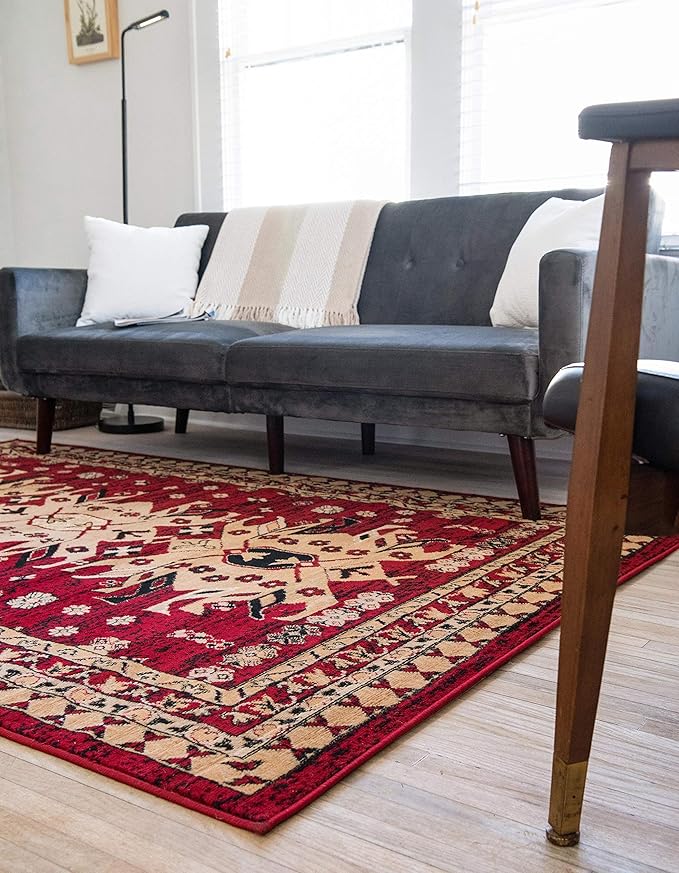 Unique Loom Taftan Collection Border Geometric Tribal Inspired Design Area Rug (8' 0 x 10' 0 Rectangular, Red/ Gold)