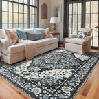 YJ.GWL Area Rugs for Living Room 4x6 Machine Washable Rugs for Bedroom, Non Slip Floral Vintage Rug Indoor Carpet, Stain Resistant Throw Rug for Dining Room Kitchen, Black Grey Blue