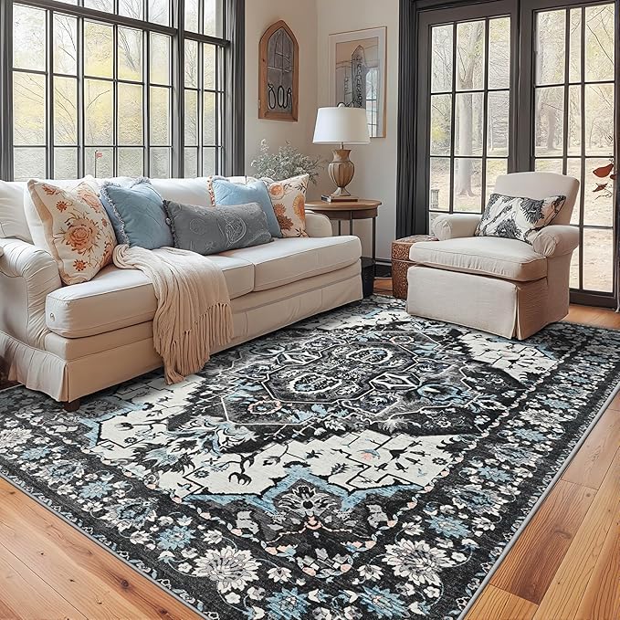 YJ.GWL Area Rugs for Living Room 4x6 Machine Washable Rugs for Bedroom, Non Slip Floral Vintage Rug Indoor Carpet, Stain Resistant Throw Rug for Dining Room Kitchen, Black Grey Blue