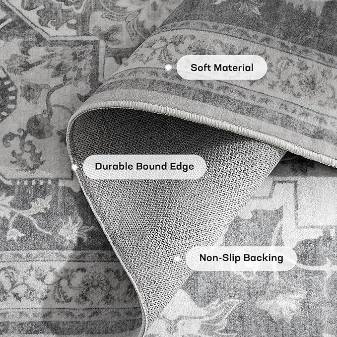 Marsail 8x10 Machine Washable Area Rug,Soft & Slip-Resistant, Vintage Floral Short-Pile with Reinforced Bound Edges, Large Rug for Living Room, Dining Room, Bedroom,Light Grey