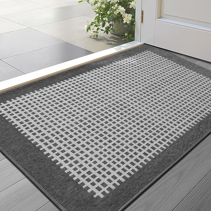 LUMI Inside Door Mat for Entry 24''x36'', Absorbent, Dirt Trapper, Low Profile Thin, Non Slip Mats with Rubber Backing, Ideal for Indoor, High Traffic, Garage, Entrance, Checkered Grey