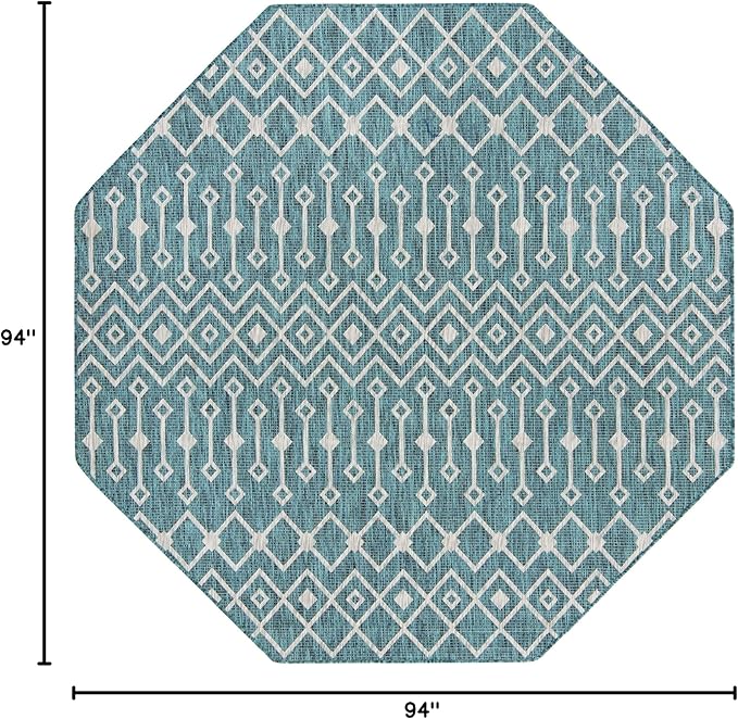 Unique Loom Outdoor Trellis Collection Area Rug - Tribal Trellis (7' 10" Octagon, Teal/ Ivory)