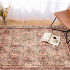 Phantoscope Washable Area Rug 4'x6' Non-Slip, Vintage Neutral Xmas Rugs for Living Room, Bedroom, Dining Room, Distressed Boho Floral Medallion Pattern, Low-Pile Foldable Floor Carpet, Brick Red/Black