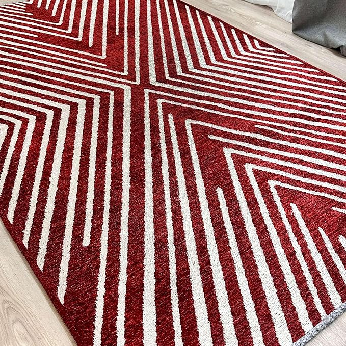 Alfa Rich 7x10 Geometric Red Burgundy Off White Washable Area Rugs for Living Room Bedroom Rug