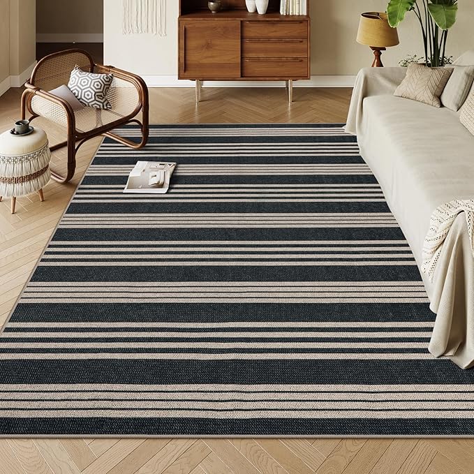 Lahome Striped 8x10 Easy Jute Rug, Washable Rugs for Living Room Dining Room Farmhouse Indoor Outdoor Carpet, Neutral Non Slip Non Shedding Black Carpet for Office Backyard Patio