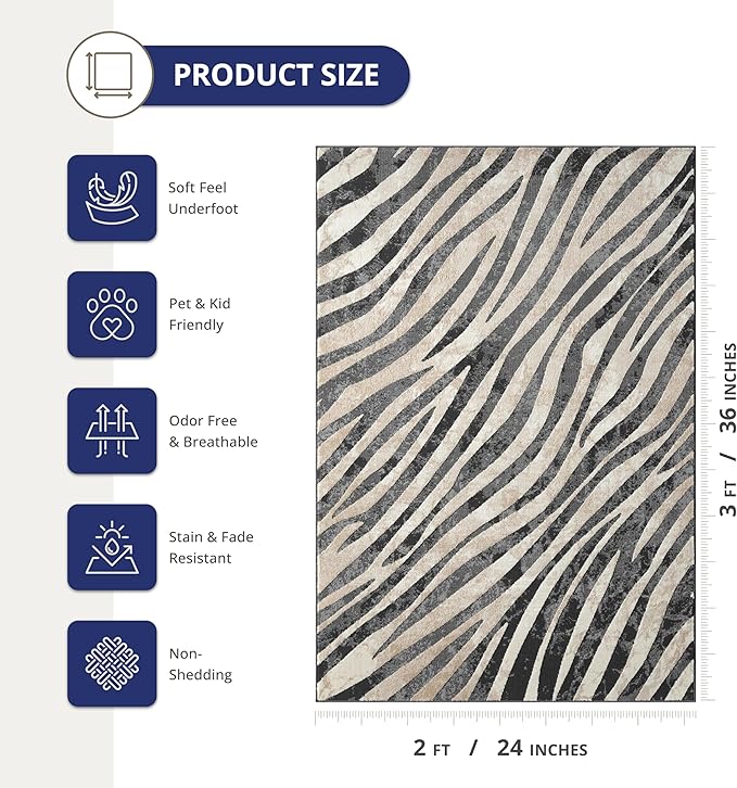 Abani Terra Area Rug for Living Room, Bedroom - Zebra Pattern - Black Cream - 2' x 3' - Durable & Easy to Clean