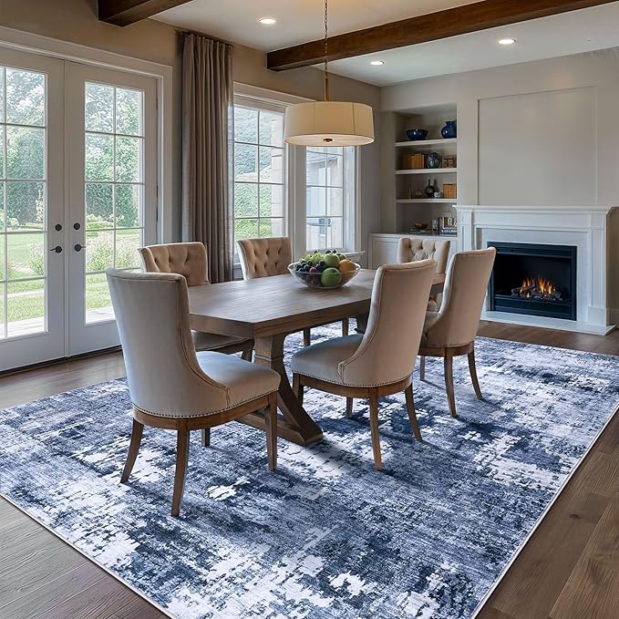 Area Rug Living Room Rugs - 5x8 Washable Large Soft Indoor Neutral Modern Abstract Low Pile Rug Carpet for Bedroom Dining Room Farmhouse Home Office - Navy Blue