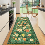 DUKINO 2x6 Runner Rug for Hallway, Washable Kitchen Runner Rug with Non Slip Backing, Low Pile Soft Boho Floral Runner for Kitchen, Hallway, Entryway, Laundry, Bedroom, Dark Green