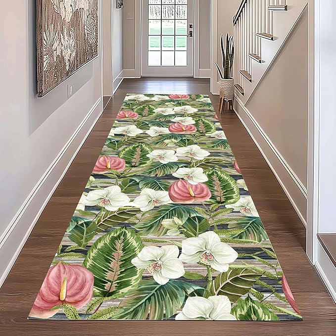 Runner Rug 4x10ft Non-Slip - Tropical Floral Watercolor Boho with Orchids & Leaves - Washable Entryway Carpet for Hallway, Bedroom, Dining Room - Green Pink Design