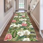 Runner Rug 2.6x7ft Non-Slip - Tropical Floral Watercolor Boho with Orchids & Leaves - Washable Entryway Carpet for Hallway, Bedroom, Dining Room - Green Pink Design
