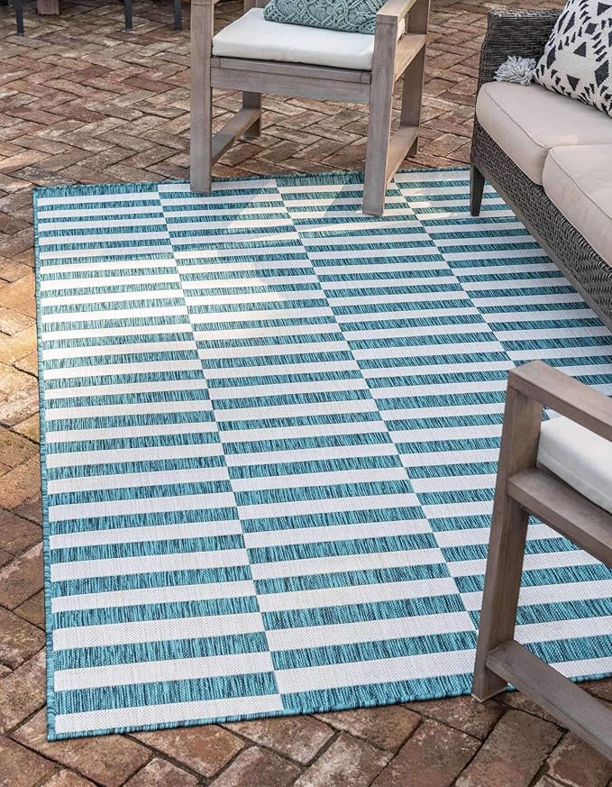 Unique Loom Outdoor Striped Collection Area Rug - Striped (4' 1" x 6' 1" Rectangle, Teal/Ivory)