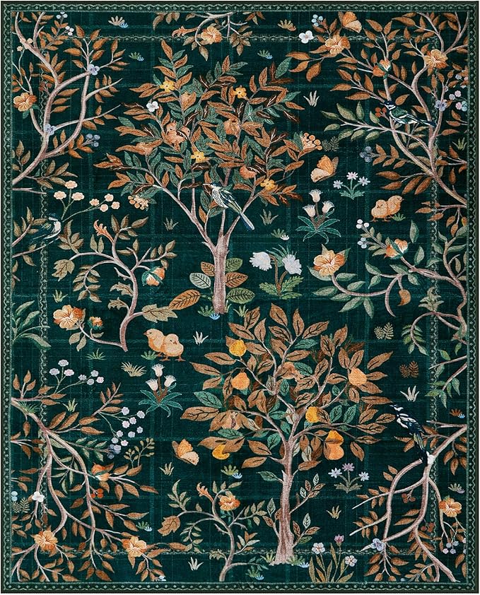 Morebes Boho Living Room Rug 8x10, Washable Kids Playroom Area Rug Non Slip, Soft Large Botanical Flower Indoor Floor Throw Carpet for Bedroom Nursery Dining Room, Dark Green