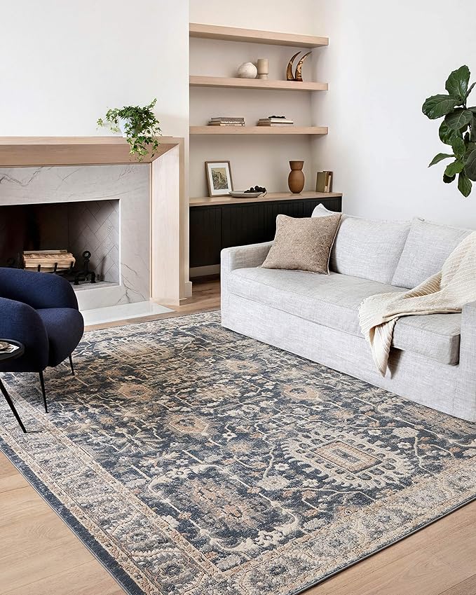 Loloi Teagan Collection TEA-03 Denim/Pebble 9'-9" x 13'-6" Area Rug, Large, Soft Neutral Rug, High-Traffic for Living Room, Bedroom, Home Office, Dining Area