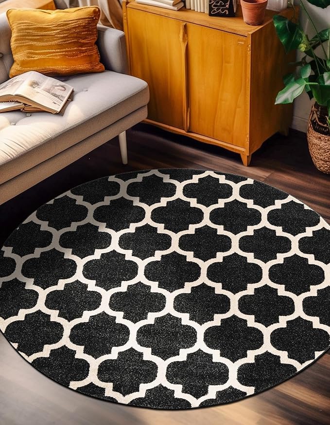 Rugs.com Lattice Collection Rug – 8 Ft Round Black Medium-Pile Rug Perfect for Kitchens, Dining Rooms