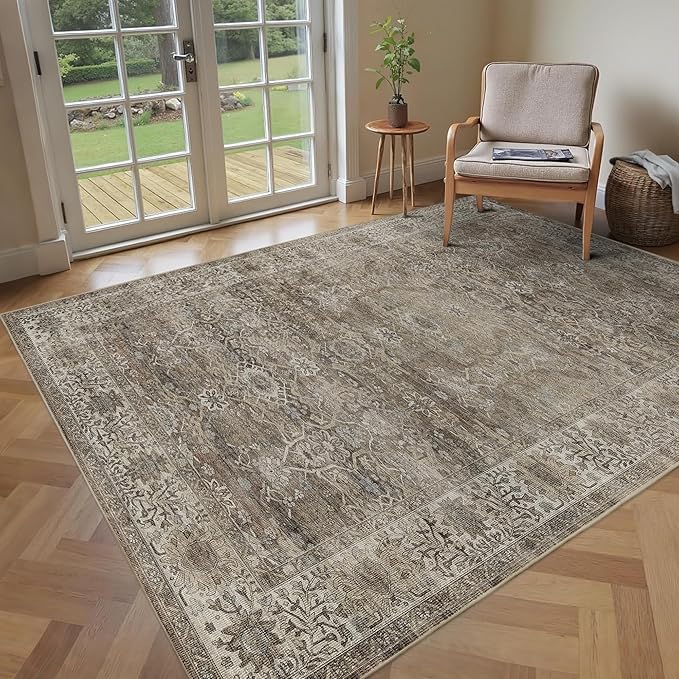 3x5 Washable Rug for Living Room Bedroom Dining Room Non-Slip Low Pile Boho Vintage Distressed Entryway Rug Traditional Floral Retro Accent Throw Carpet for Dining Room Bathroom Kitchen Antique/Moss
