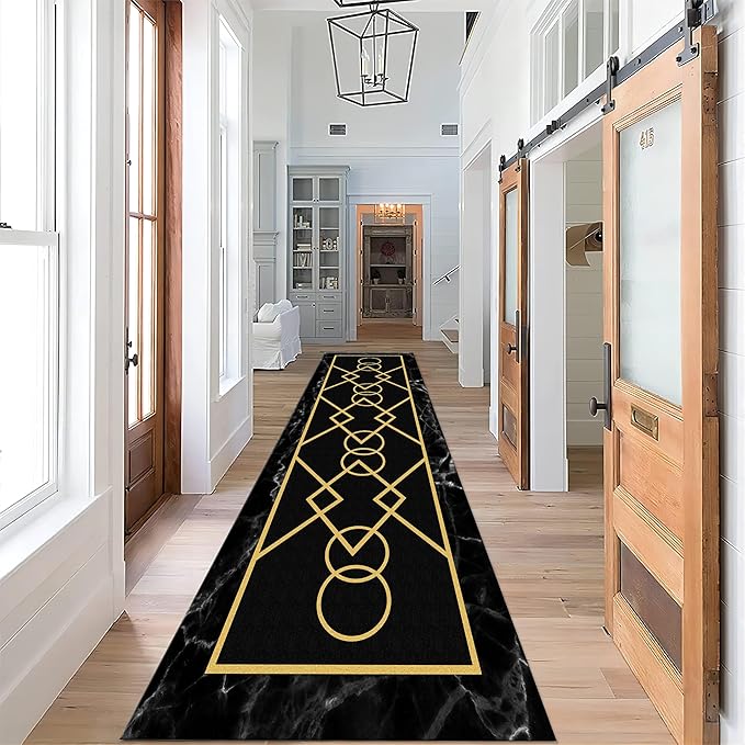 Luxury Gold Stamped Texture Hallway Runner Rug for Walkway, 2x7ft, Abstract Black Marble Background Entrance Carpets, Minimalist Geometric Decoration Absorbent Mat for Floor Office
