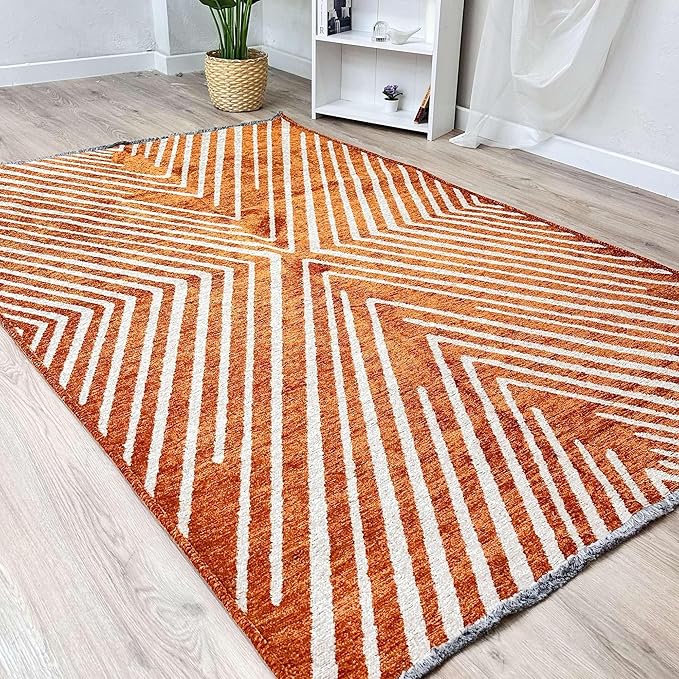 Alfa Rich 3x5 Geometric Burnt Orange Off White Washable Area Rugs for Living Room Bedroom Runner