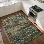 6x9 Washable Area Rug Non Slip, Thin Vintage Floral Living Room Rug Low Pile, Indoor Large Distressed Print Carpet for Bedroom, Dining Room, Farmhouse, Home Office, Dorm(Dark Green/Brown/Multi)