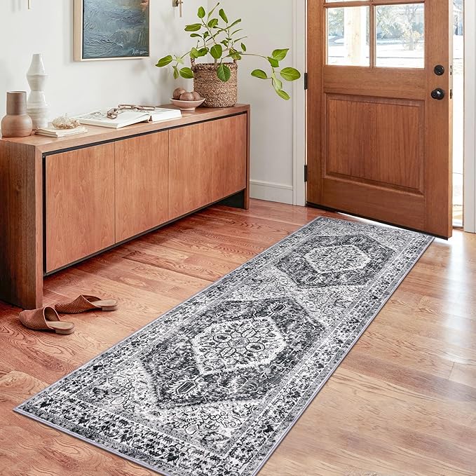 KOZYFLY Runners for Hallways 2x6 Ft Washable Kitchen Runner Rug Non Slip Runners for Entryway Indoor Printed Faux Wool Hallway Rugs Floor Carpet for Bedroom Kitchen Hall, Grey