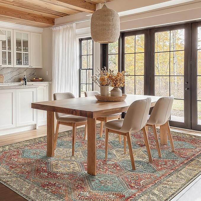 Bavni 6x9 Area Rugs for Living Room, Machine Washable Rug Non Slip, Vintage Chenille Distressed Print Carpet, Large Low Pile Ultra-Thin Lightweight Rugs for Bedroom, Dining Room, Office, Blue/Tan/Red