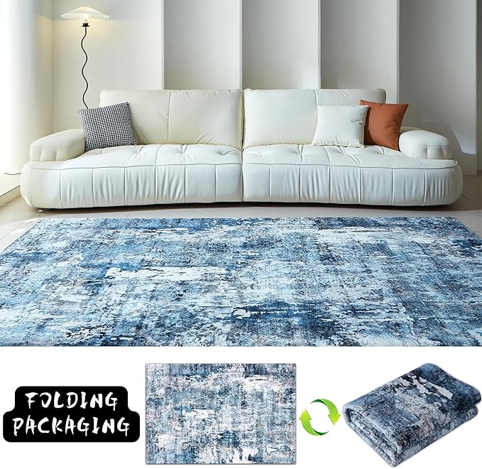 Rugcomf 6x9 Washable Bedroom Boho Rug - Soft, Non-Slip, Non-Shedding Faux Wool Vintage Pattern for Living Room, Farmhouse, Dining Room, Kids Playroom - Blue