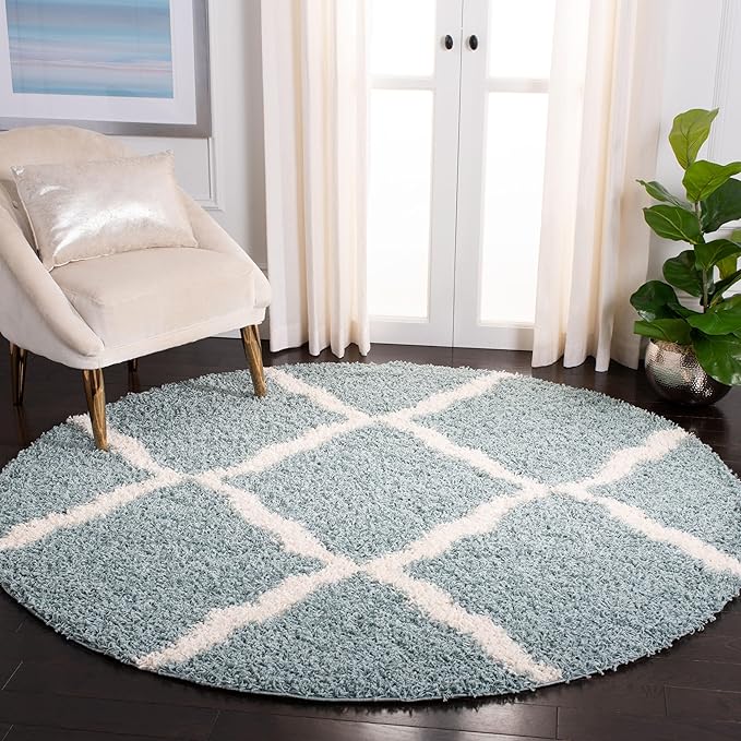 SAFAVIEH Dallas Shag Collection Area Rug - 8' Round, Seafoam & Ivory, Trellis Design, Non-Shedding & Easy Care, 1.5-inch Thick Ideal for High Traffic Areas in Living Room, Bedroom (SGD257C)