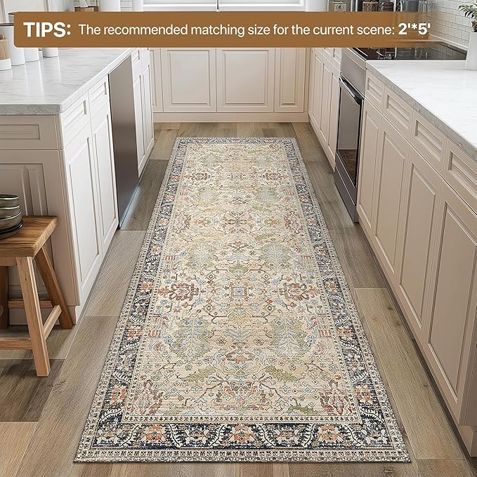 Bavni Runner Rug Non Slip for Bathroom Kitchen Hallway 2x5 Washable Runner Boho Bedsied Rugs Floor Runner for Entryway Laundry, Soft Low Pile Rugf, Ivory/Teal