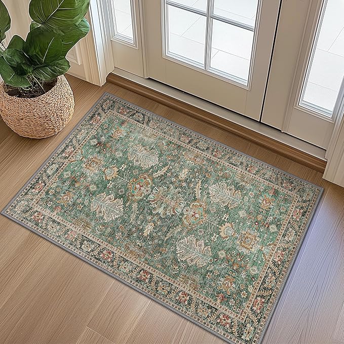 Bavni Entryway Rug, 2x3 Washable Rug Ultra-Thin Low Pile, Non-Slip Small Rugs Indoor for Front Door Entrance Bathroom, Vintage Print Carpet Soft Stain Resistance, Sage/Gold