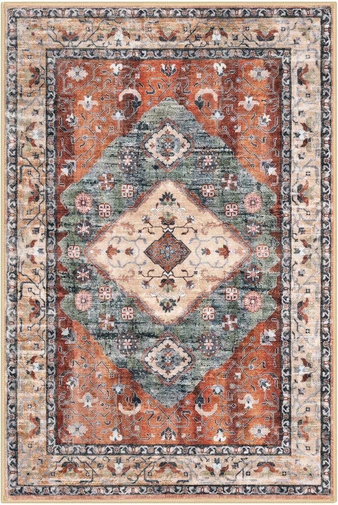 KOZYFLY Boho Area Rug 8x10 Ft Thin Rugs for Living Room Washable Bedroom Rug Non Slip Rugs for Living Room Rust/Orange/Blue Printed Faux Wool Vintage Bedroom Rug Floor Carpet for Dining Room