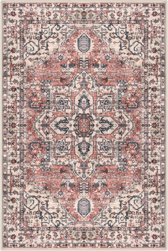 KOZYFLY Area Rug 8x10 Ft Thin Rugs for Living Room Washable Bedroom Rug Non Slip Rugs for Living Room Printed Faux Wool Vintage Bedroom Rug Floor Carpet for Dining Room, Terracotta/Beige