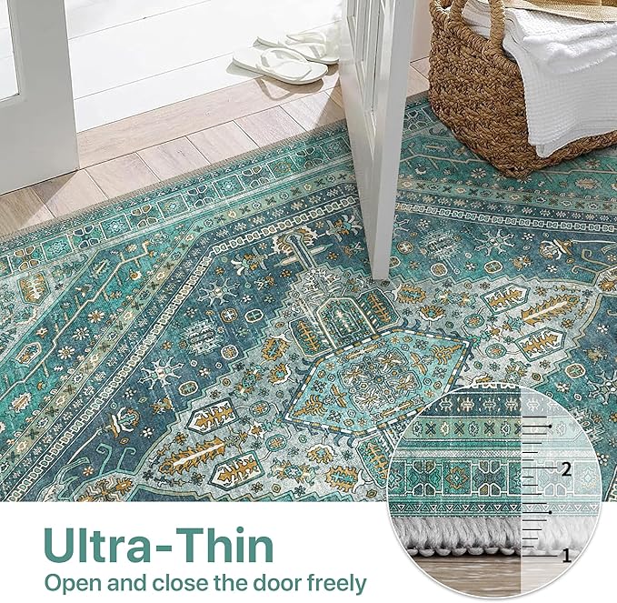 Bavni Washable Rug 8x10 Area Rug for Living Room Bedroom Dining, Washable Vintage Print Carpet, Ultra-Thin Chenille Low Pile Lightweight Rug with Non Slip Backing, Blue/Green