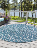 Unique Loom Outdoor Trellis Collection Area Rug - Tribal Trellis (10' Round Teal/Ivory)