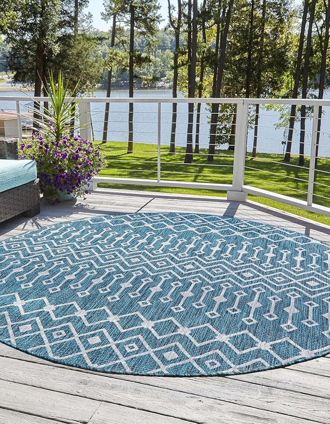 Unique Loom Outdoor Trellis Collection Area Rug - Tribal Trellis (10' 8" Round, Teal/ Ivory)