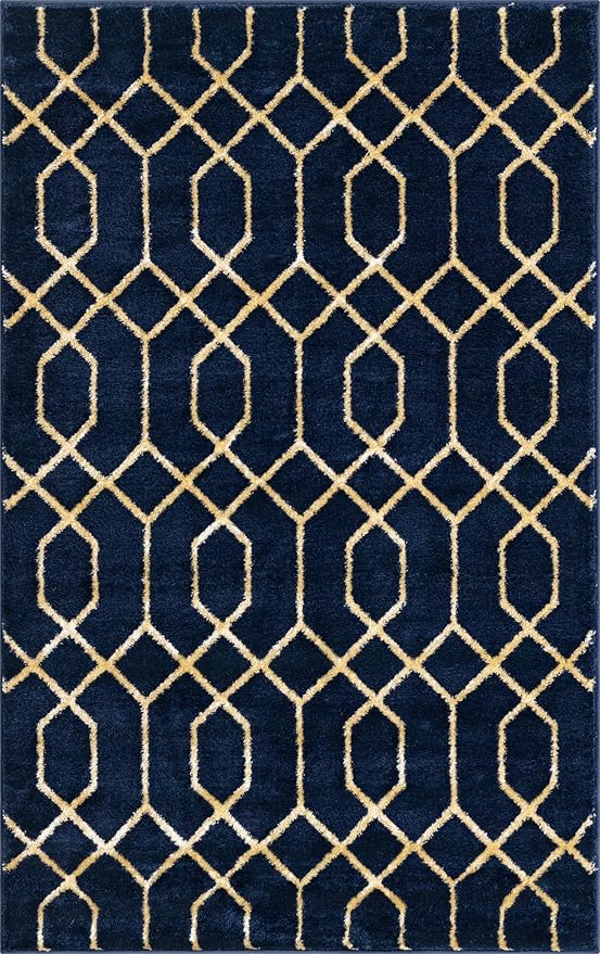 Unique Loom Glam Collection Area Rug - Trellis (3' 3" x 5' 3" Rectangle, Navy Blue Gold/ Gold)