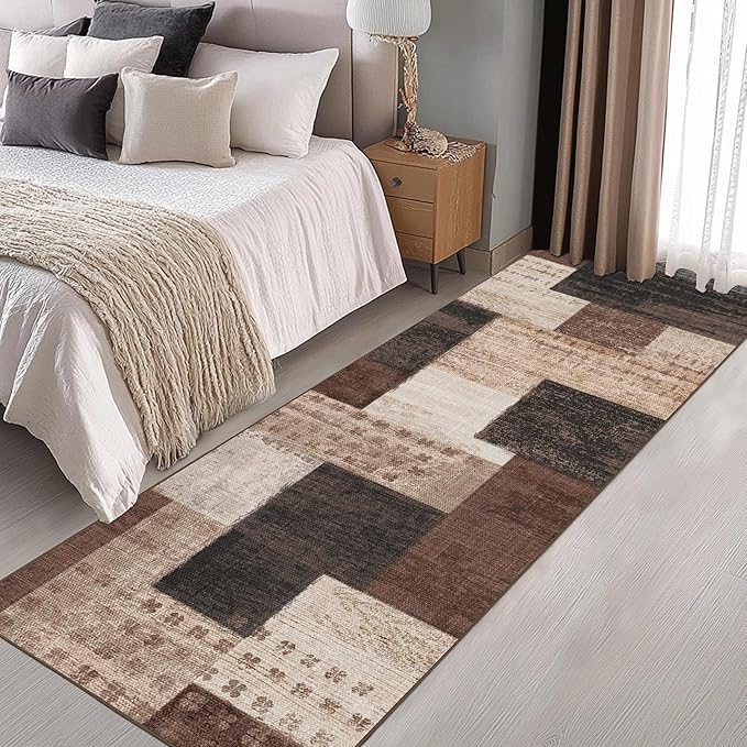 Modern Geometric Patchwork Indoor Runner Rug for Living Room, Chocolate 2.7'x 8' Rug Rockwood Collection Hardwood Floors Decor for Bedroom, Brown Throw Carpet for Office Entryway Dining Room