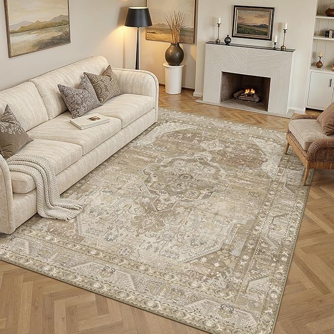 6x9 Washable Vintage Area Rug for Living Room Bedroom Non Slip Distressed Traditional Soft Large Throw Rug Beige Brown Low Pile Lightweight Floral Carpet Office Indoor Playroom Dining Room