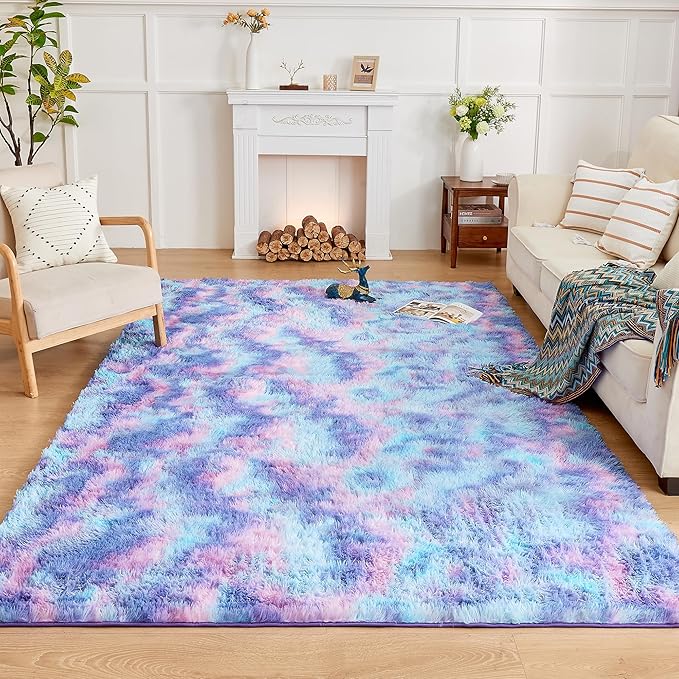 Andency Soft Area Rugs for Living Room Bedroom, 4x6 Fluffy Shaggy Bedside Rug, Non-Slip Large Shag Fuzzy Plush Carpets for Bedroom Kids Dorm Nursery Home Decor Aesthetic, Tie-Dyed Unicorn Rainbow