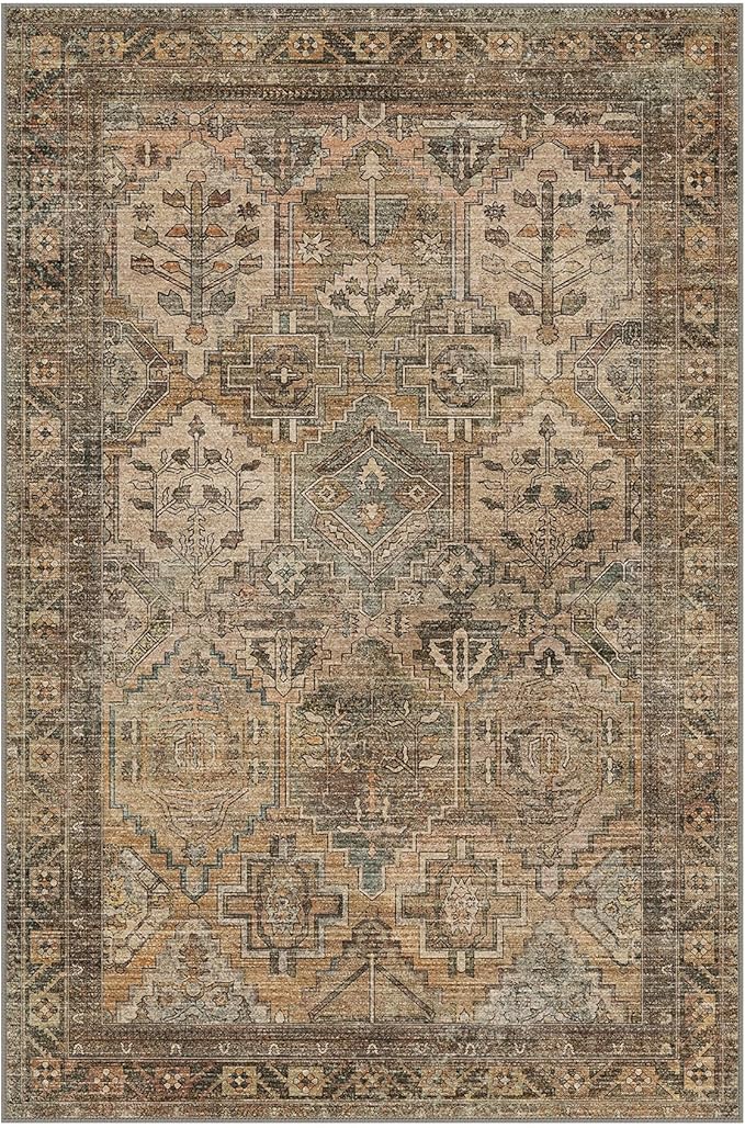 Bavni 2x3 Entryway Rug Bathroom Rugs for Front Door Bedroom Bathroom Kitchen, Washable Vintage Print Carpet, Ultra-Thin Chenille Lightweight Rug with Non Slip Backing, Warm Taupe