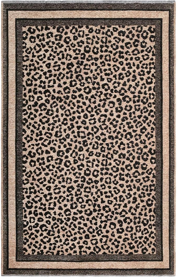Alfa Rich 5x8 Leopard Beige Black Washable Area Rugs for Living Room Bedroom Kitchen Cotton Rug