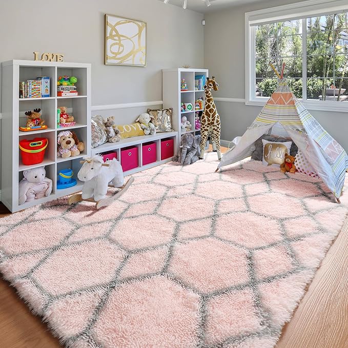 ONASAR 6x9 Area Rugs for Living Room Bedroom, Washable Large Fluffy Pink and Grey Throw Rug, Geometric Soft Plush Shaggy Fuzzy Floor Carpet for Nursery Kids Girls Boys Teen Dorm Home Office Decor