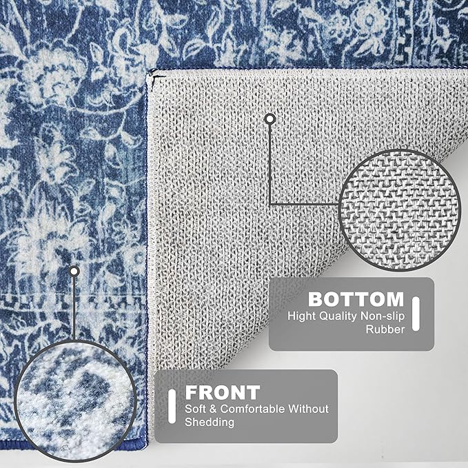 KILOCOCO Hallway Runner 2x5 Printed Vintage Floral Washable Kitchen Runner Rug Non-Slip Runners for Hallways Distressed Boho Runners for Bedroom Laundry Room, Navy Blue
