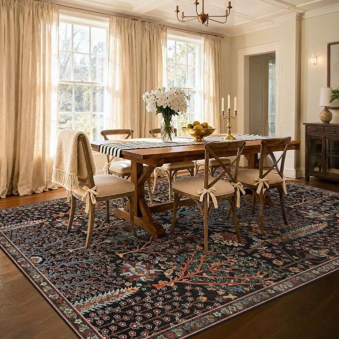 Kokia Boho Vintage Floral Area Rugs, Washable Oriental Botanical Rugs for Living Room, Bedroom, Dining Room, Office, Large Soft Indoor Area Rug, Wild Black，9x12