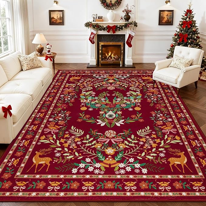 8x10 Area Rugs Living Room Rug: Christmas Washable Rug Floral Soft Carpet Indoor Floor Non-Slip Boho Stain Resistant Large Carpets for Bedroom Kids Nursery Dining Room Farmhouse Home Office Red