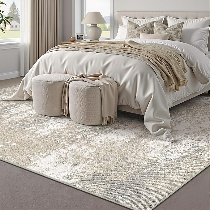 Modern Abstract Beige Gray Area Rug 5x7 Machine Washable Large Carpet Neutral Kitchen Indoor Accent Throw Low Pile Non Slip Distressed Living Dining Room Bedroom Office