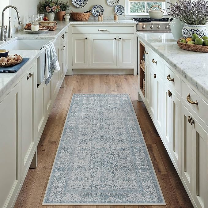 Blue Runner Rug 2x6 Hallway Washable Carpet Soft Vintage Indoor Kitchen Non Slip Bedroom Traditional Retro Distressed Thicker Throw Long Rug Bathroom Laundry Entryway Office Dining Room