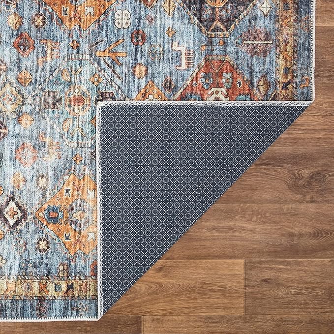 Bloom Rugs Washable Non-Slip 4' x 6' Rug - Blue/Orange Traditional Bordered Area Rug for Living Room, Bedroom, Dining Room, and Kitchen - Exact Size: 4' x 6'