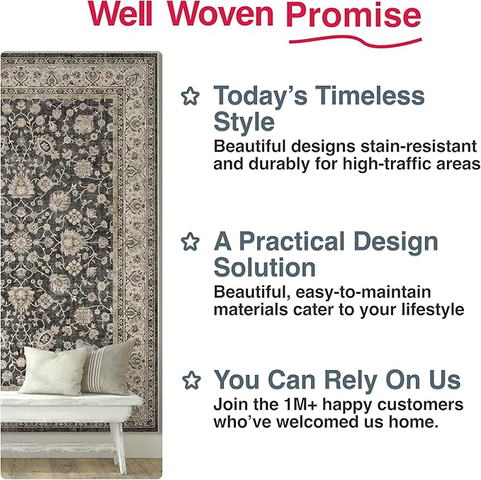 Well Woven Asha Rome Black 3'3" x 5' Area Rug - Oriental Floral Pattern, Easy Clean, Floor-Friendly Backing - for Living Room, Bedroom, and Dining Room