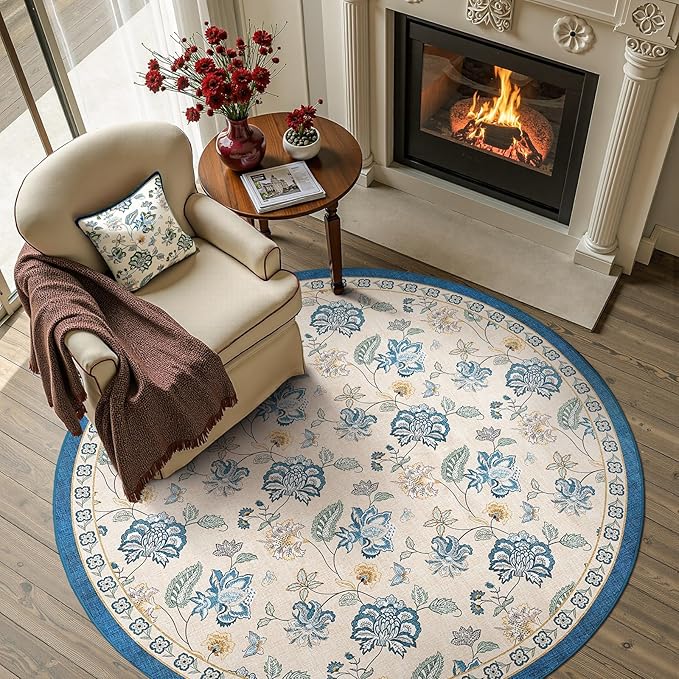 jinchan Elora 5ft Floral Round Rug for Entryway Washable Kitchen Rug Vintage Romance Design Non Slip Indoor Doormat Lightweight Low-Profile Throw Carpet for Living Room Dining Room Bedroom, Blue/Beige