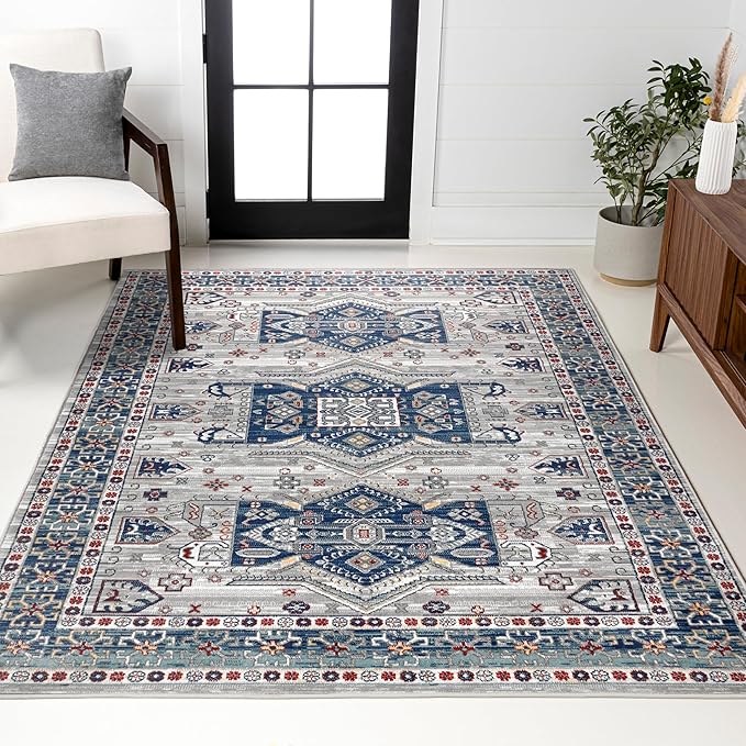 JONATHAN Y Modern Vintage Medallion Blue/Light Grey Indoor Area Rug, 4x6, Country, Floral, Easy-Cleaning for Living Room, Bedroom, Kitchen, Pet Friendly, Non-Shedding (MDP108A-4)