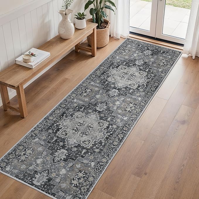 Runner Rug 2'6''x8, Machine Washable Runners, Non Slip Vintage Hallway Runner Rugs, Low Pile Lightweight Mat for Entryway, Hallway, Kitchen and Corridor, Dark Gray